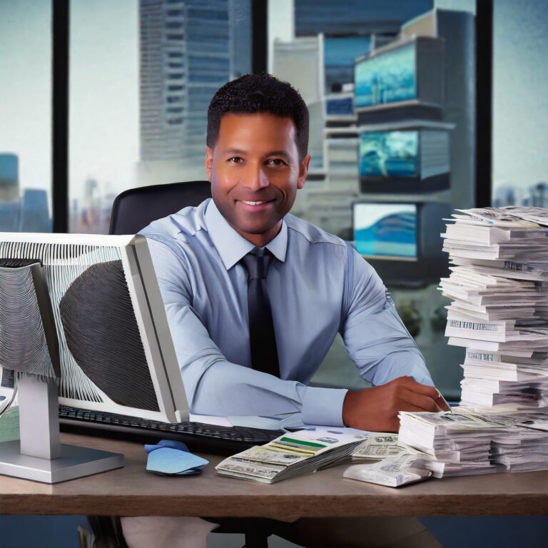 Man working oat their computer with stack of papers beside him.